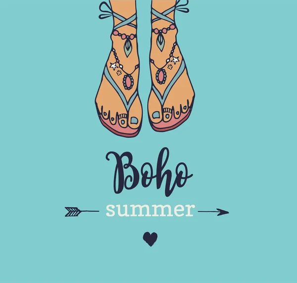 Bohemian Summer, Vektorposter mit Damensandalen — Stockvektor