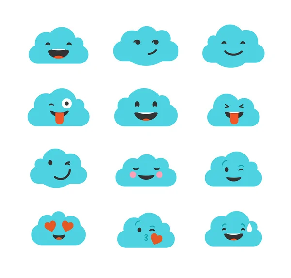 Nuvens emoji bonito, emoticons sorridentes rostos definidos —  Vetores de Stock