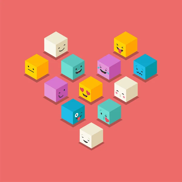 Amor isométrico, corazón símbolo emoticonos cubos, iconos de colores cuadrados — Vector de stock