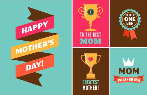 Happy Mothers Day, ribbons, trophy and heart elements — Stock Vector