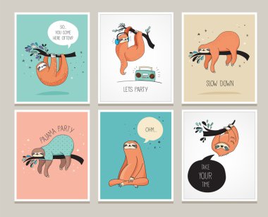 Cute hand drawn sloths illustrations, funny cards clipart