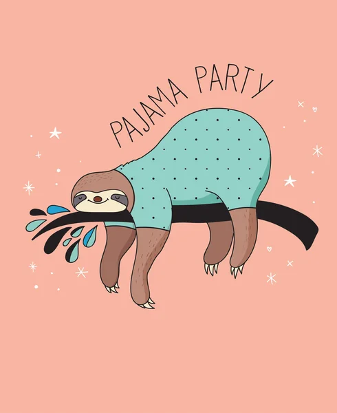 Mignon dessin à la main paresseux illustrations, conception de carte de fête pyjama — Image vectorielle