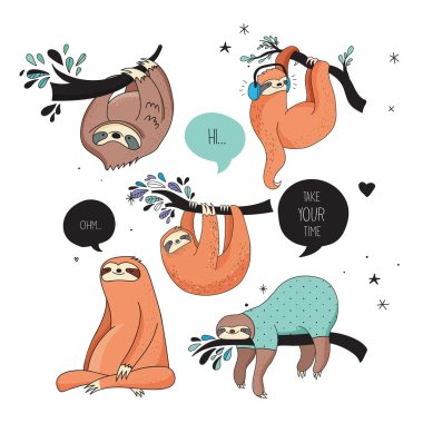 Cute hand drawn sloths illustrations, funny vector design clipart