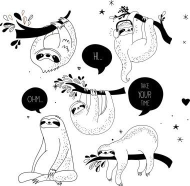 Cute hand drawn sloths illustrations, funny vector design clipart