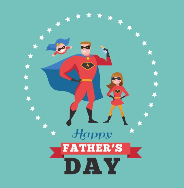 Ευτυχισμένος Πατέρες ημέρα κάρτα - σούπερ μπαμπάς με τα παιδιά — Διανυσματικό Αρχείο