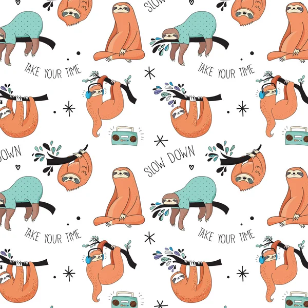 Cute hand drawn sloths illustrations, seamless pattern — Stock Vector