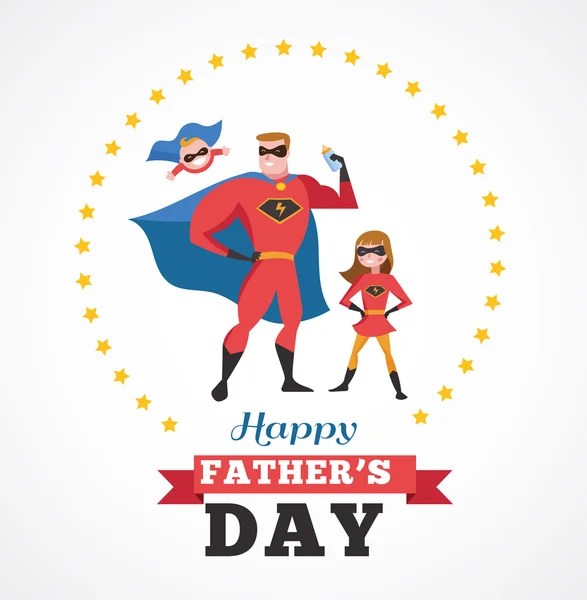 Happy fathers day card - super dad with kids — Stock Vector
