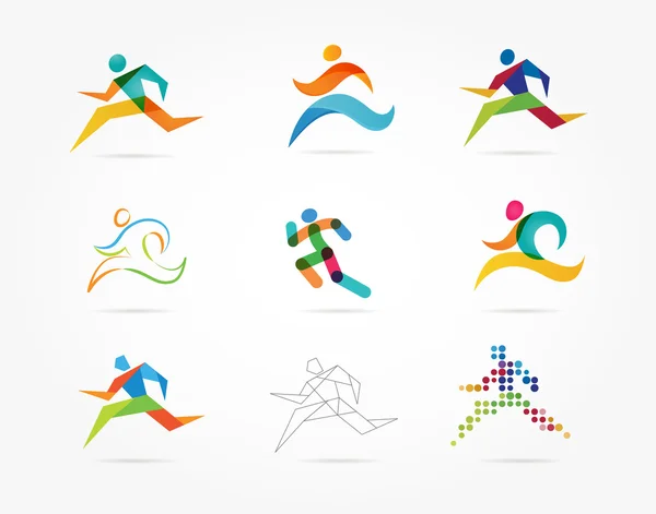 Correr maratón, la gente corre, conjunto de iconos de colores — Vector de stock