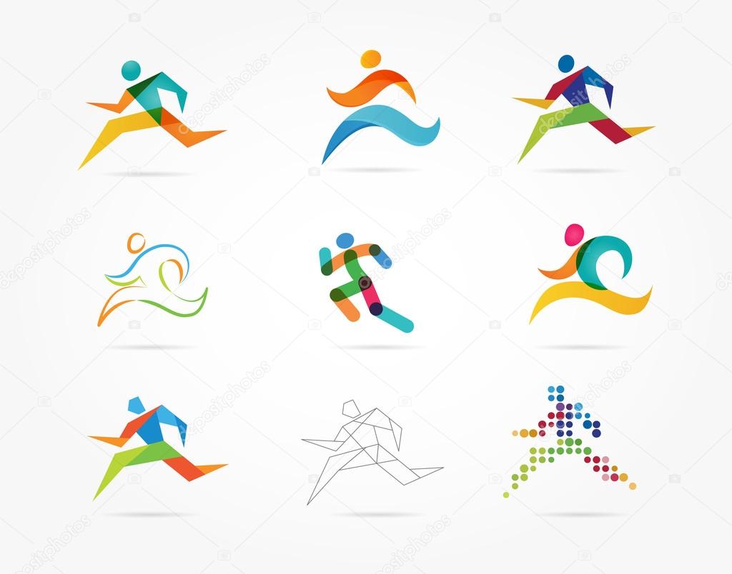 Running marathon, people run, colorful icons and elements collection