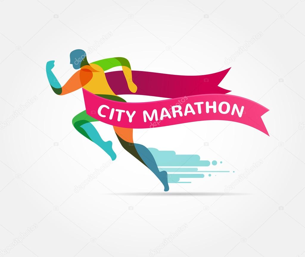 Running marathon, colorful icon and symbol with ribbon, banner