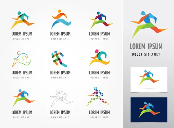 Correr maratón, la gente corre, conjunto de iconos de colores — Vector de stock