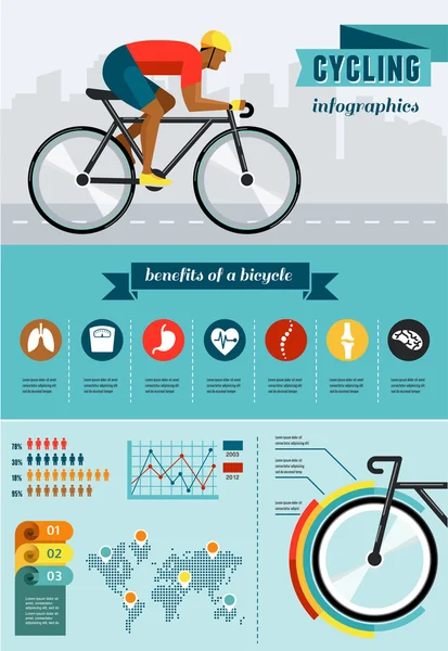 Fahrradfahren auf dem Fahrrad, Vektorinfografik, Plakat, Icon-Set — Stockvektor