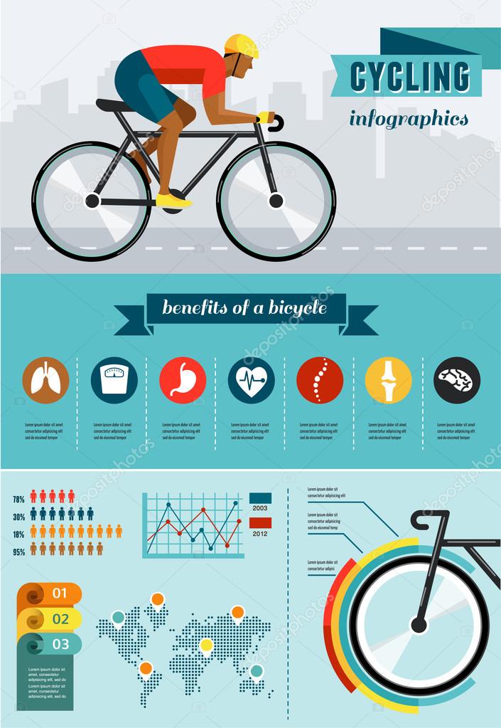 Cyclist riding on bicycle, vector infographics, poster, icon set
