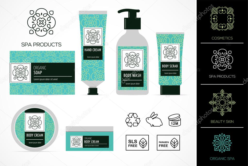 Set of natural cosmetics design packaging, icons, paraben free, organic bio product