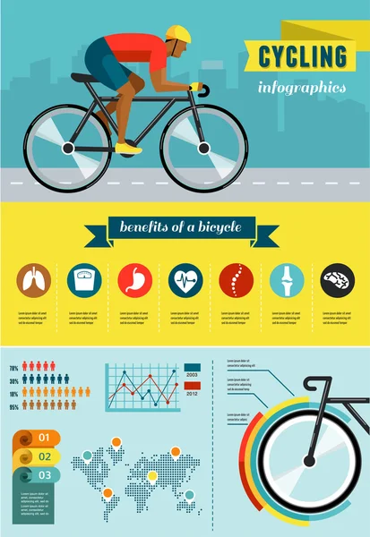 Cycliste à vélo, infographie vectorielle, affiche, jeu d'icônes — Image vectorielle