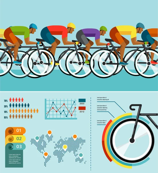 Ciclista andando de bicicleta, infográficos vetoriais, cartaz, conjunto de ícones — Vetor de Stock