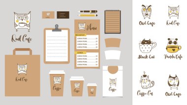 Coffee shop marka Mock-up baykuş, kedi ve panda simgeler