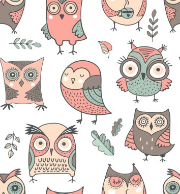 Sevimli, el çizimi baykuş deseni, vektör suluboya çizimleri