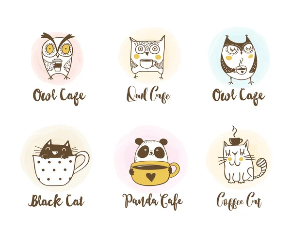 Lindos búhos, gato y panda bebiendo café. Símbolos dibujados a mano, iconos, ilustraciones — Archivo Imágenes Vectoriales