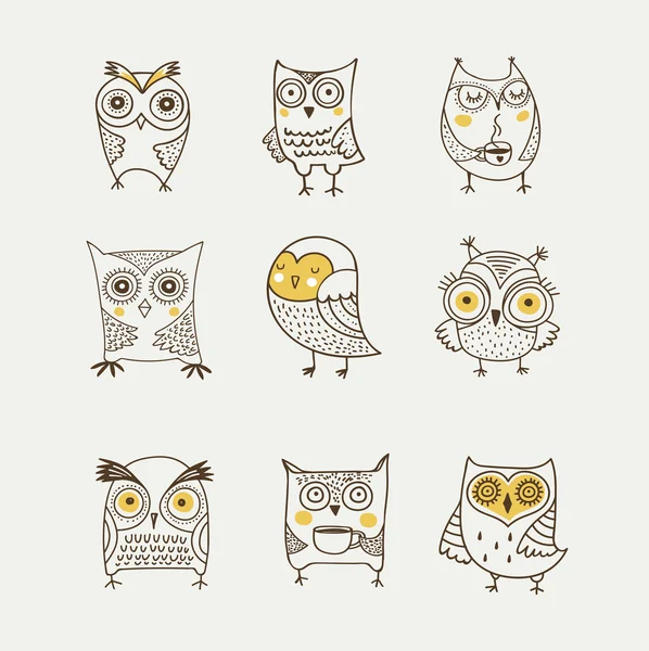 Cute, hand drawn owl vector watercolor illustrations — Stock Vector