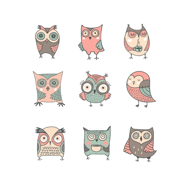 Cute, hand drawn owl vector watercolor illustrations — Stock Vector