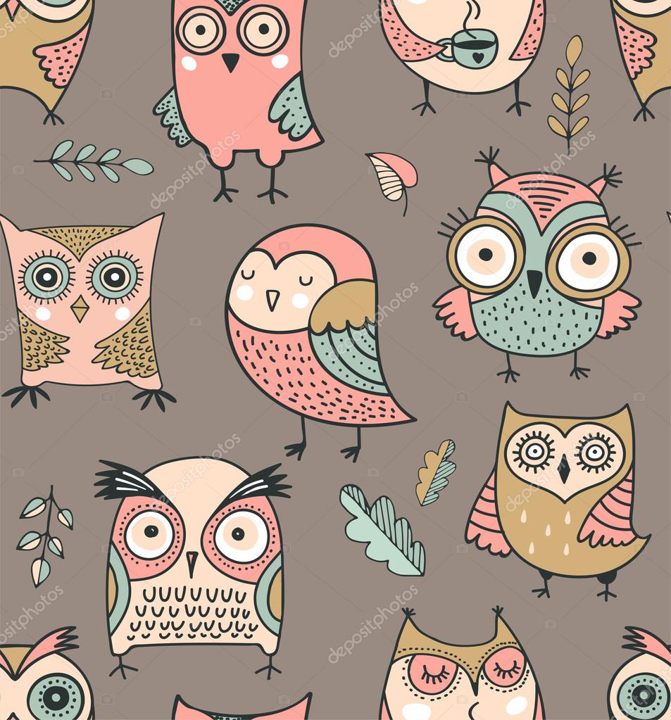 Cute, hand drawn owl vector seamless pattern. watercolor illustrations