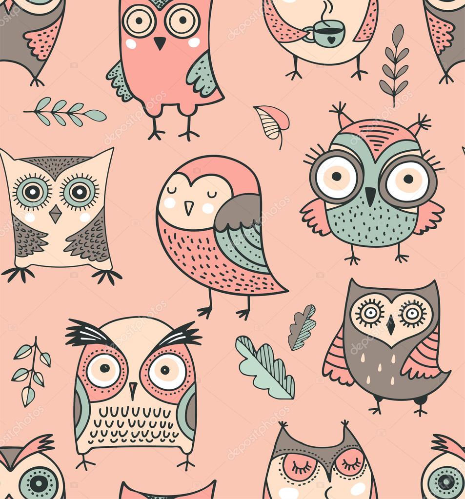Cute, hand drawn owl vector seamless pattern. watercolor illustrations