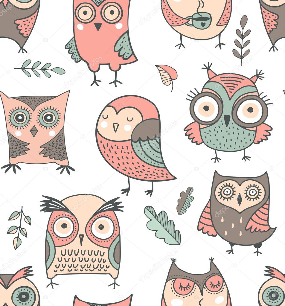 Cute, hand drawn owl vector seamless pattern. watercolor illustrations