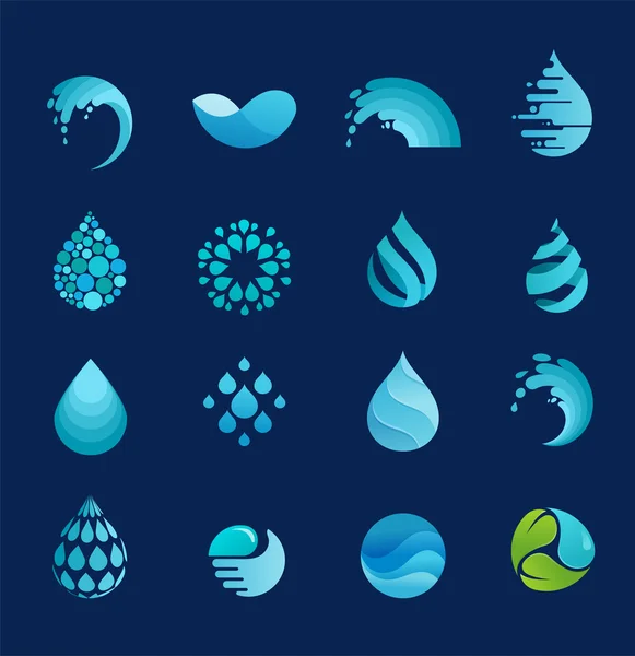 Set van water, Golf en drop iconen, symbolen — Stockvector