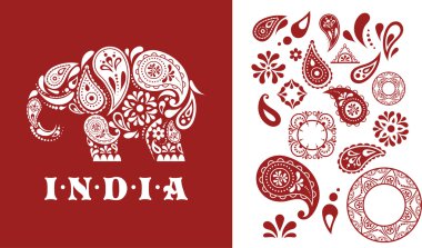Hindistan - maydanoz desenli fil, oryantal Hint simgesi ve illüstrasyon