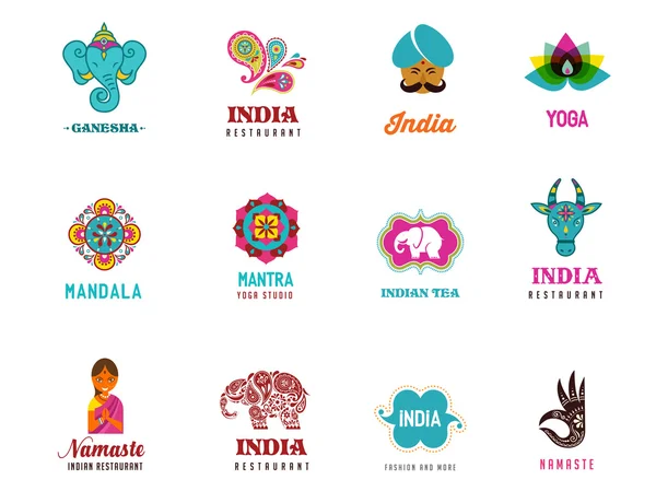 India - conjunto de iconos indios. Ganesh, loto, mandala de elefante y vaca — Vector de stock