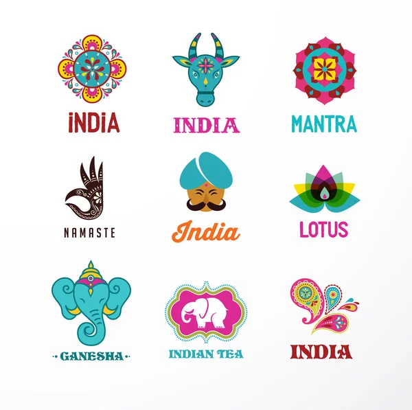 India - set van Indiase pictogrammen. Ganesh, lotus, olifant mandala en koe — Stockvector