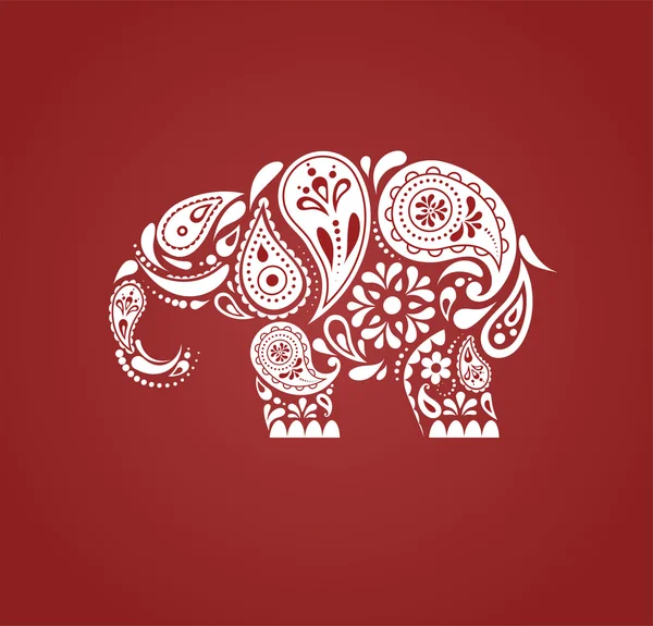 印度-欧芹图案的大象、 东方印度图标和说明 — 图库矢量图片