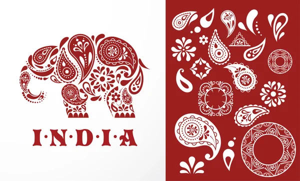 Inde - éléphant à motifs de persil, icône indienne orientale et illustration — Image vectorielle