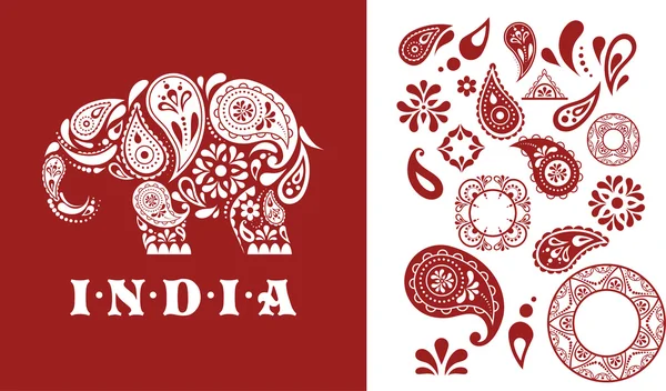 Indie - pietruszka wzorzyste słoń, orientalne indyjskie ikona i ilustracji — Wektor stockowy