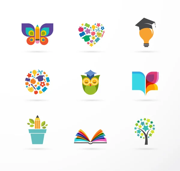 Education icons, elements set. Book, student hat, owl and tree symbols — Stock Vector