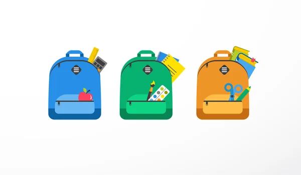 Bolsa de estudante, mochila conjunto colorido de ícones. Voltar ao conceito de escola —  Vetores de Stock