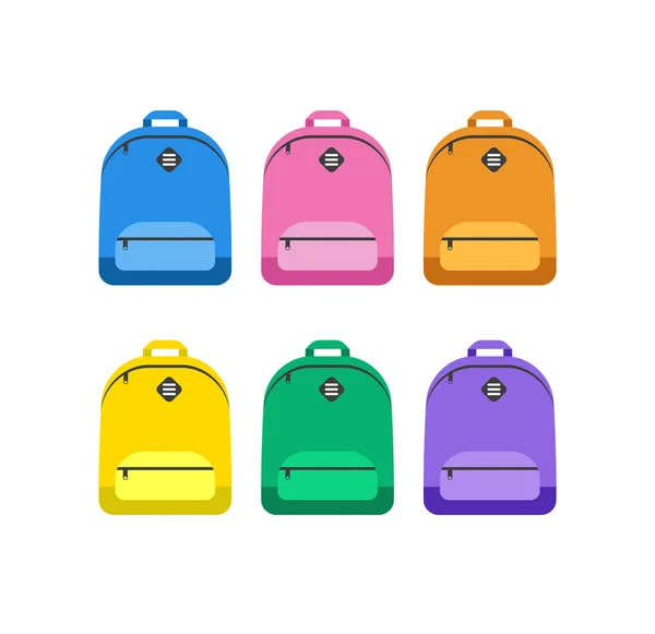 Geanta de student, rucsac set colorat de icoane. Înapoi la conceptul școlar — Vector de stoc