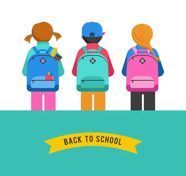 Affiche avec étudiants, enfants, sacs à dos. Concept de retour à l'école — Image vectorielle