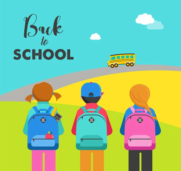 Plakát s studenti, děti, batohy. Zpátky do školy koncept — Stockový vektor