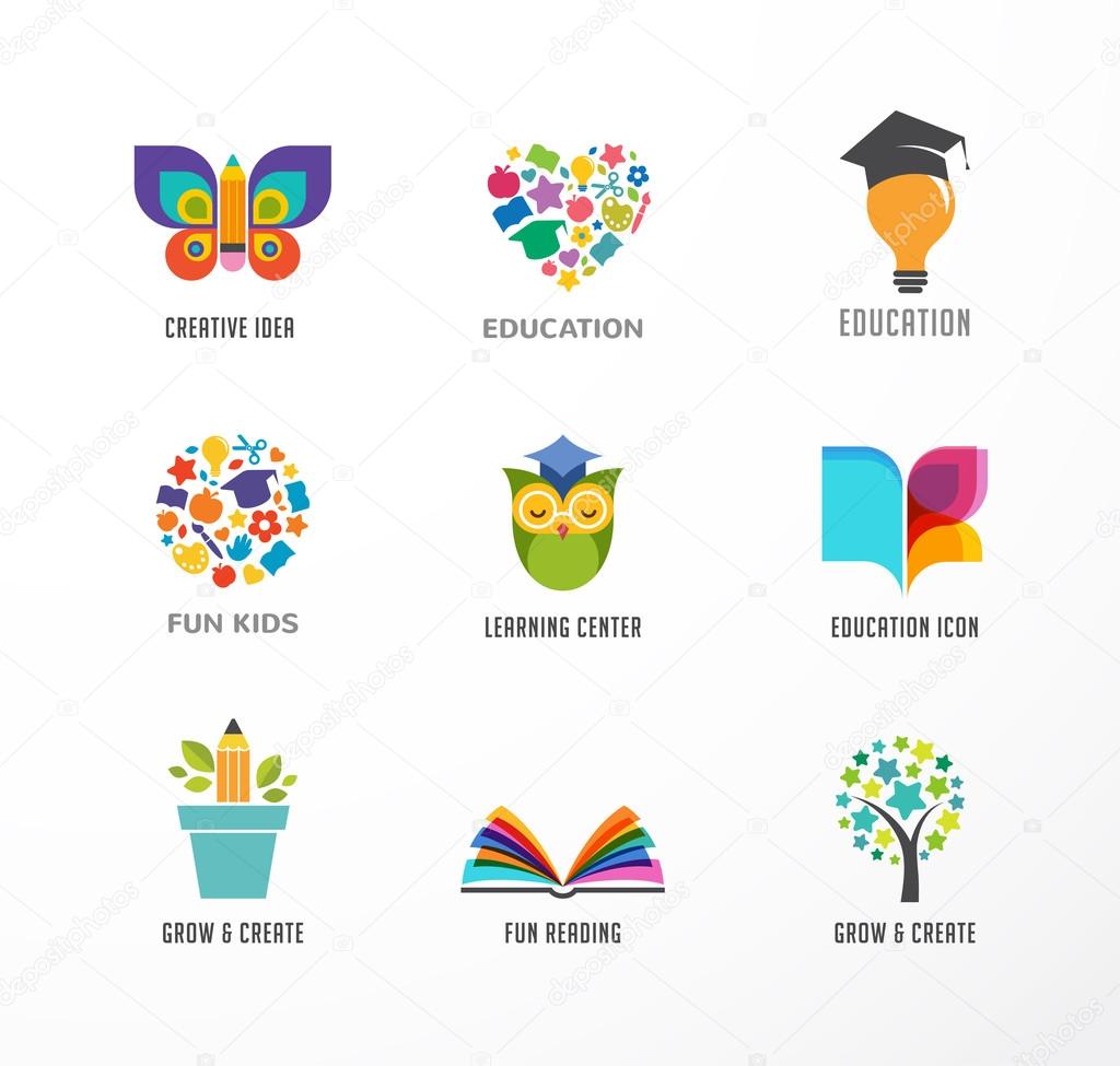 Education icons, elements set. Book, student hat, owl and tree symbols