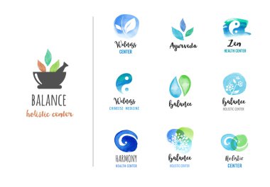 Alternatif Tıp ve sağlık, yoga, meditasyon, zen meditasyon kavramı - suluboya simgeler, logoları vektör