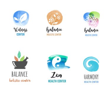 Alternatif Tıp ve sağlık, yoga, meditasyon, zen meditasyon kavramı - suluboya simgeler, logoları vektör
