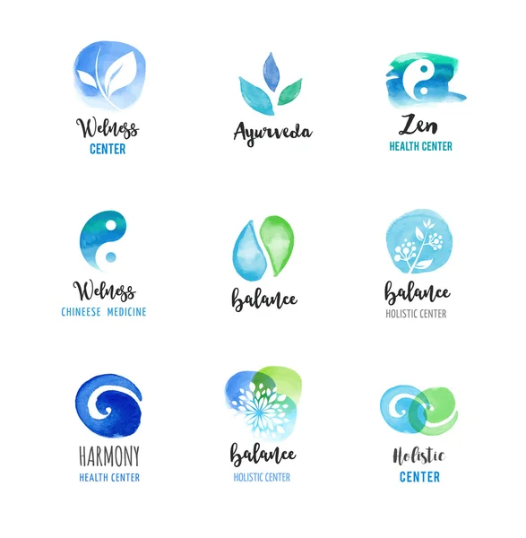 Medicina alternativa y bienestar, yoga, concepto de meditación zen - vector acuarela iconos, logotipos — Archivo Imágenes Vectoriales