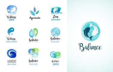 Alternatif Tıp ve sağlık, yoga kavramı - suluboya simgeler vektör