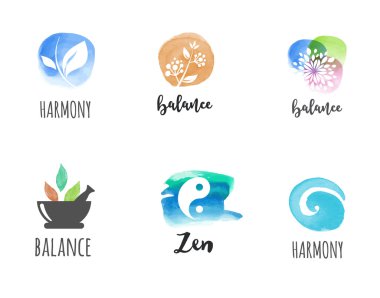 Alternatif Tıp ve sağlık, yoga kavramı - suluboya simgeler vektör