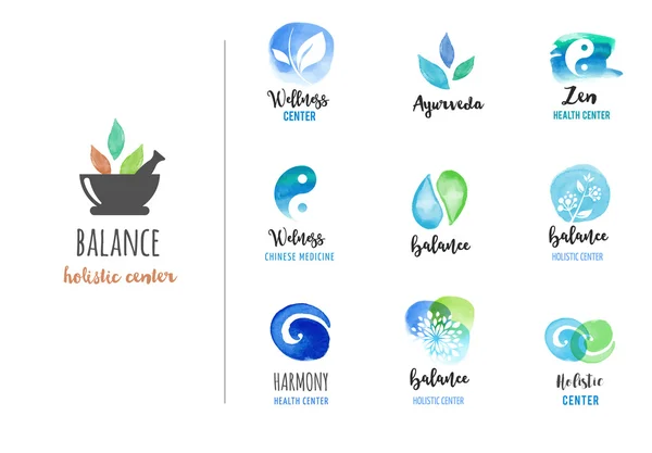 Alternative medicine and wellness, yoga concept - vector watercolor icons — Stock Vector