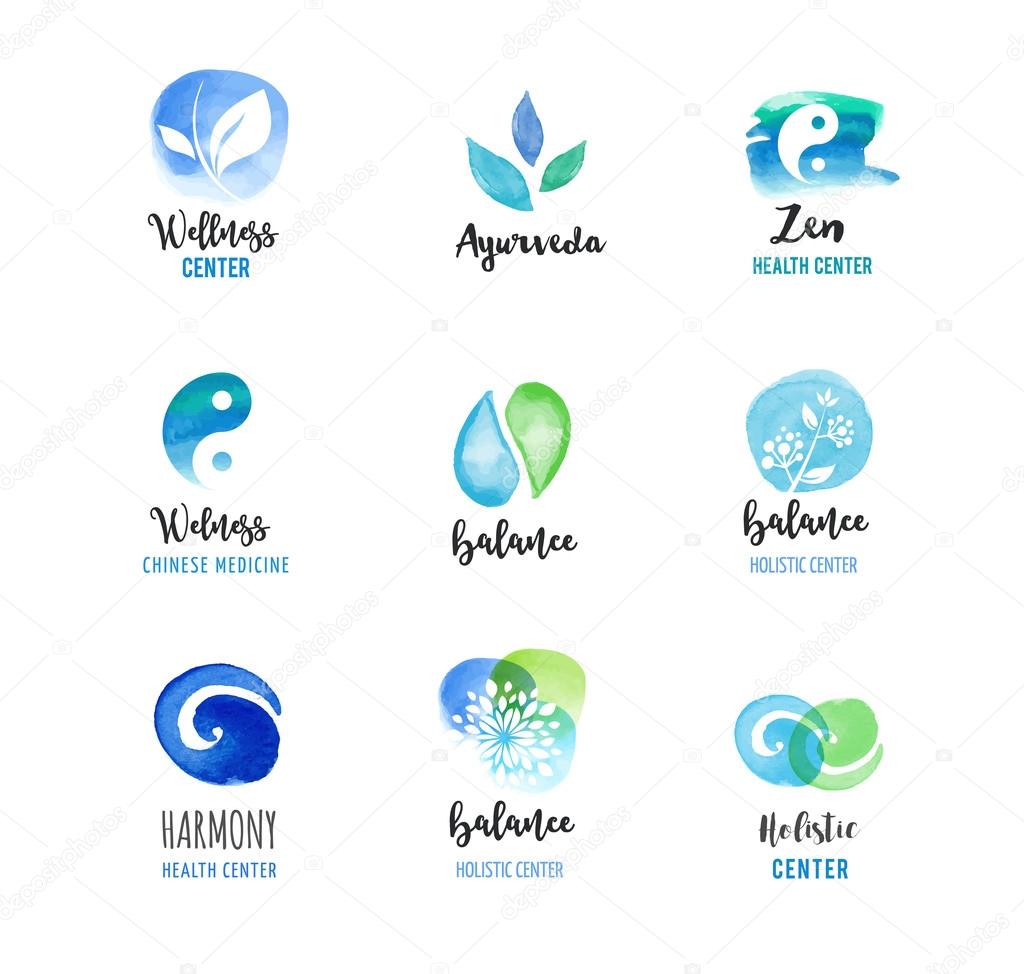 Alternative medicine and wellness, yoga, zen meditation concept - vector watercolor icons, logos