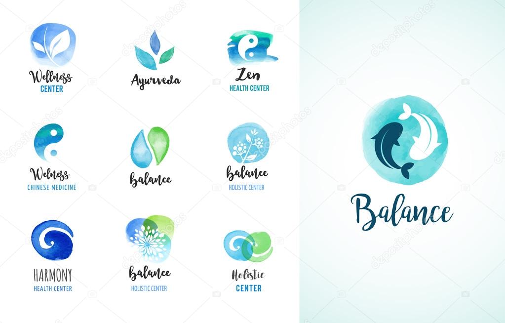Alternative medicine and wellness, yoga, zen meditation concept - vector watercolor icons, logos