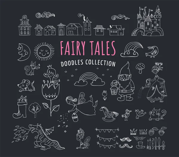 Collection of fairy tales hand drawn doodles, illustrations — Stock Vector